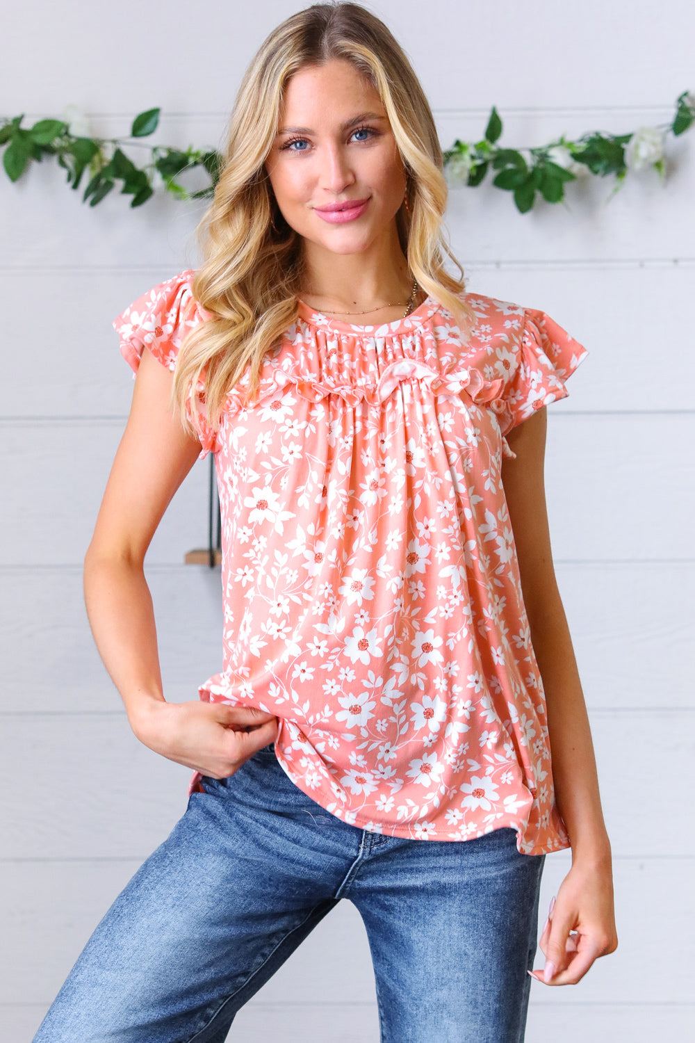 Peach Floral Print Frilled Short Sleeve Yoke Top