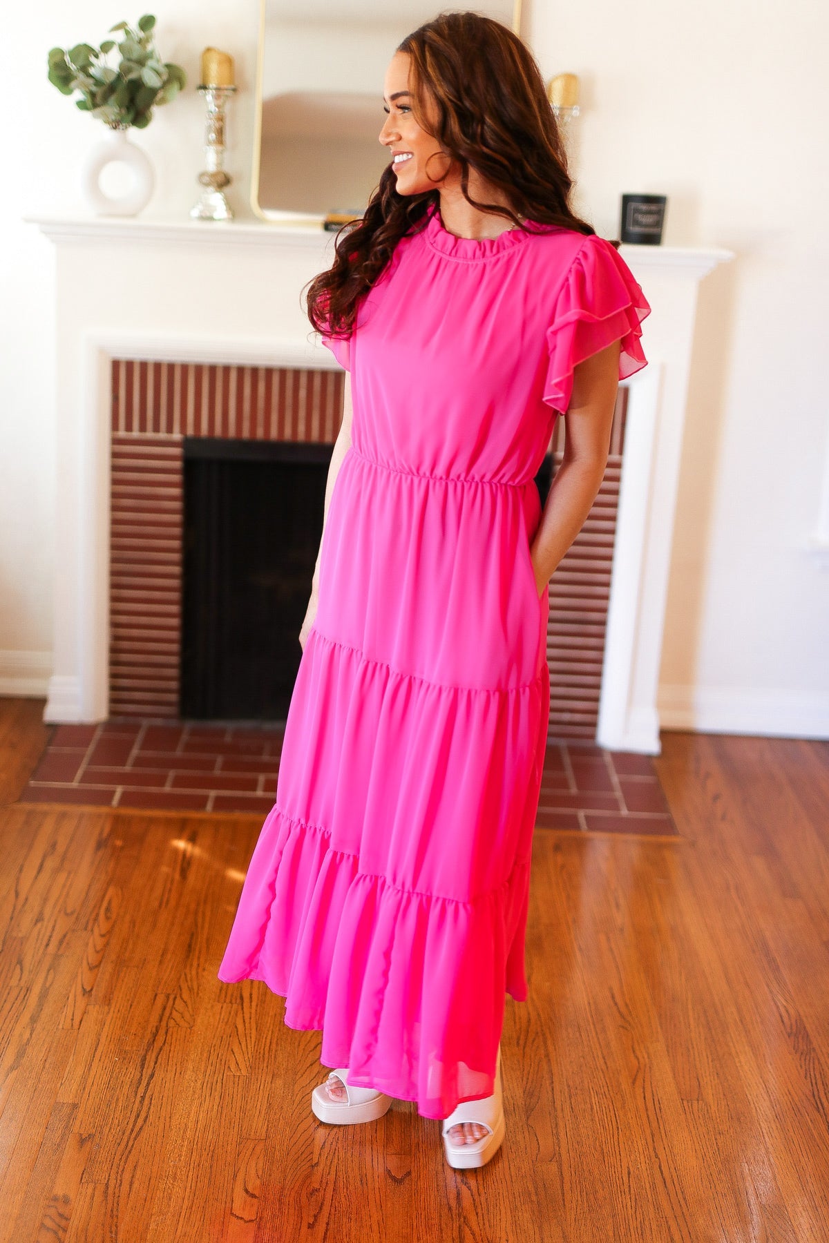 Perfectly You Hot Pink Mock Neck Tiered Chiffon Maxi Dress