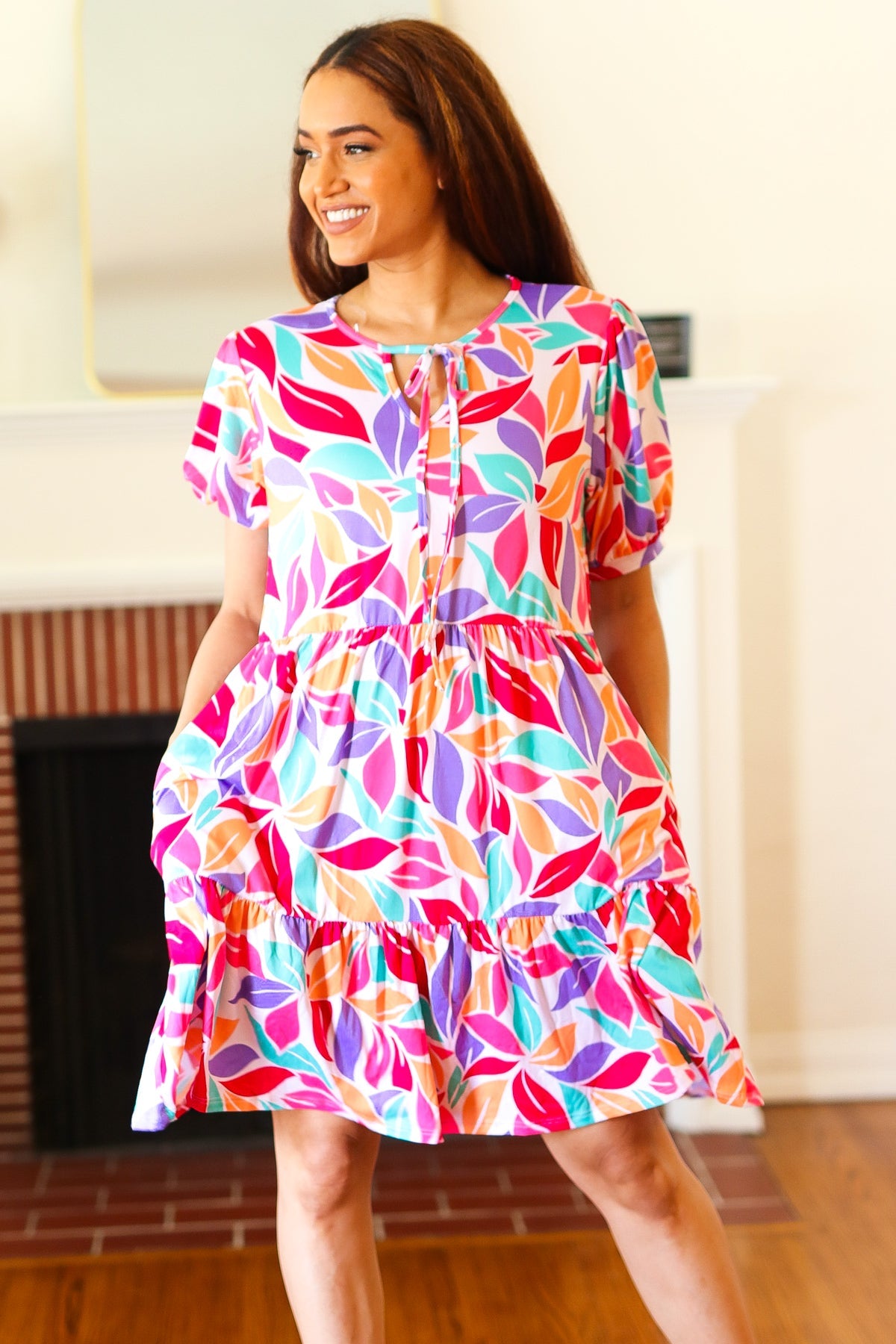 Feel Your Best Multicolor Floral Tiered Front Tie Pocketed Dress