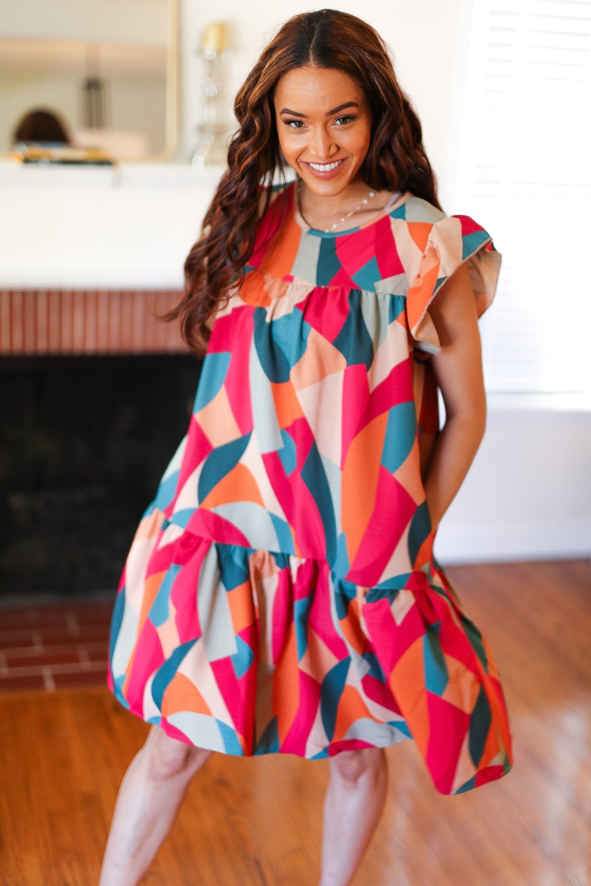 Stand Out Magenta & Teal Geometric Yoke Woven Dress