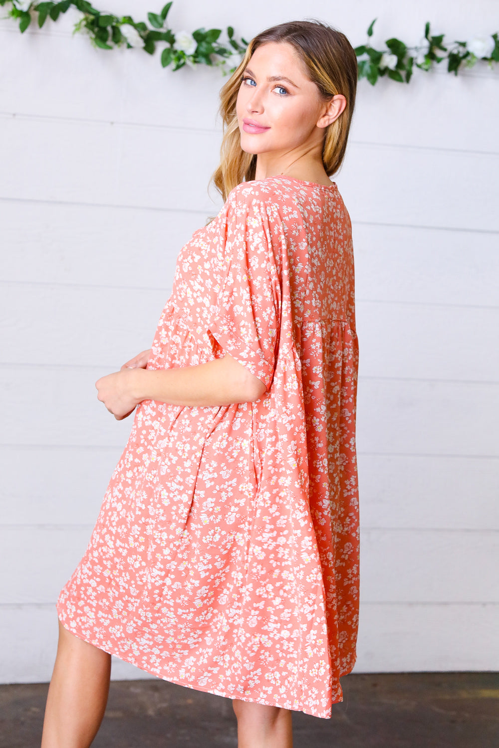 Peach Ditzy Floral Woven Dolman V Neck Dress