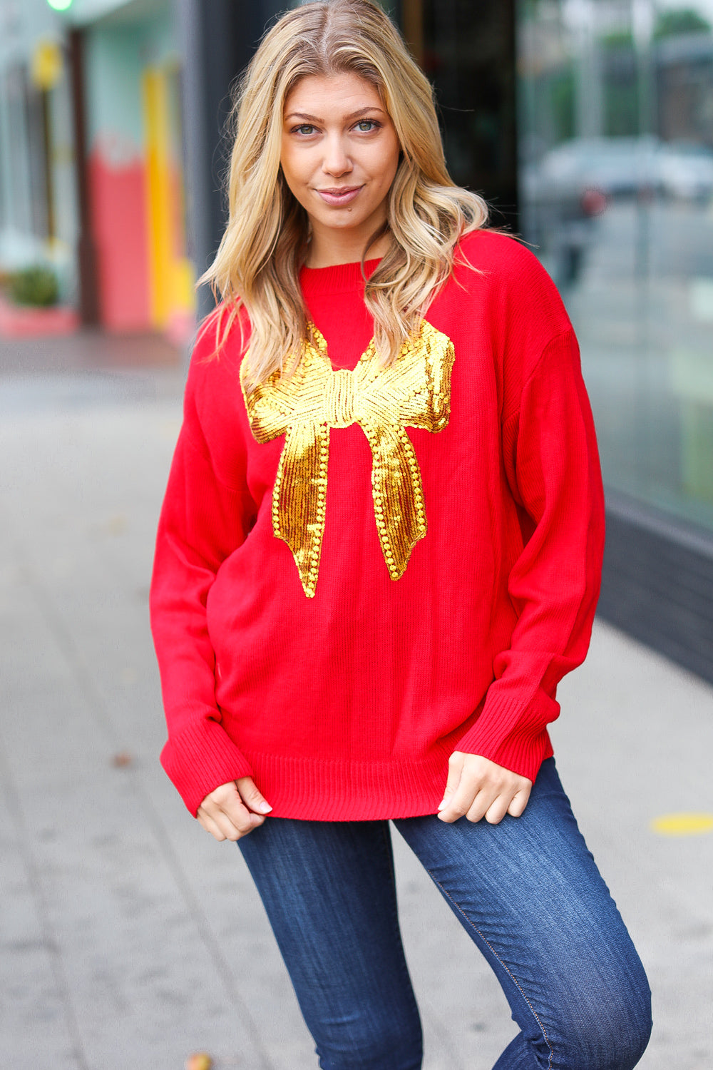 All I Want Red Sequin Bow Embroidery Knit Sweater