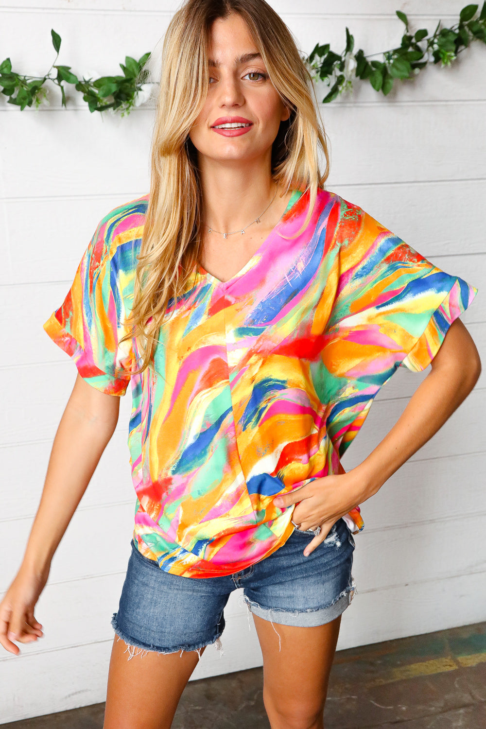 Watercolor Paint Strokes V Neck Top