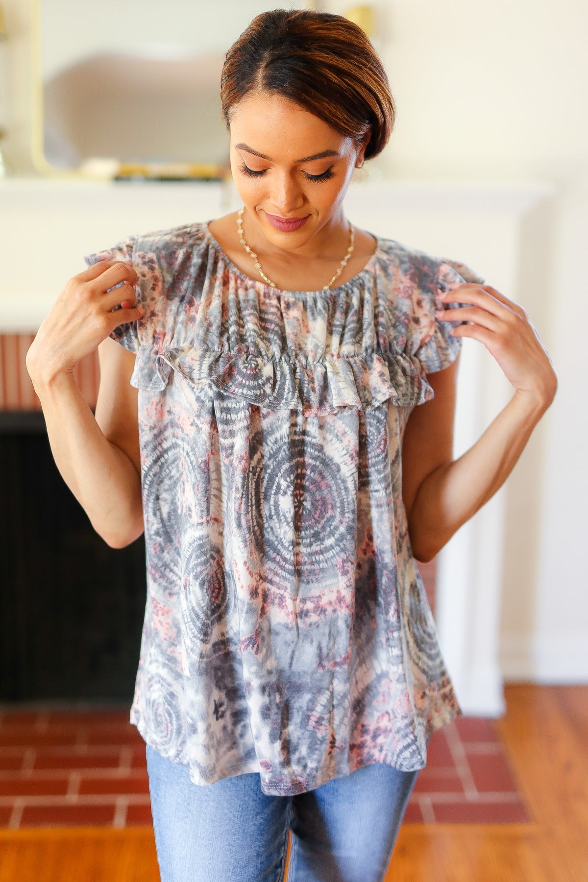 Everyday Gray & Coral Tie Dye Frilled Short Sleeve Yoke Top