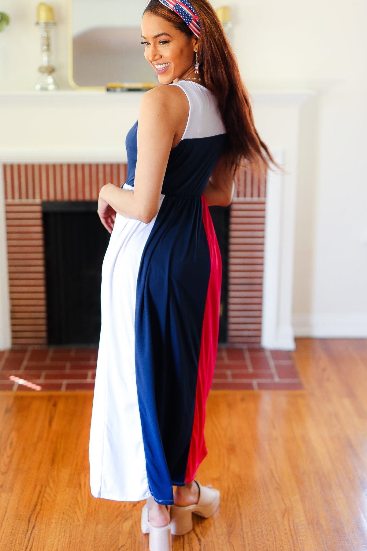 Patriotic Color Block Fit & Flare Maxi Dress