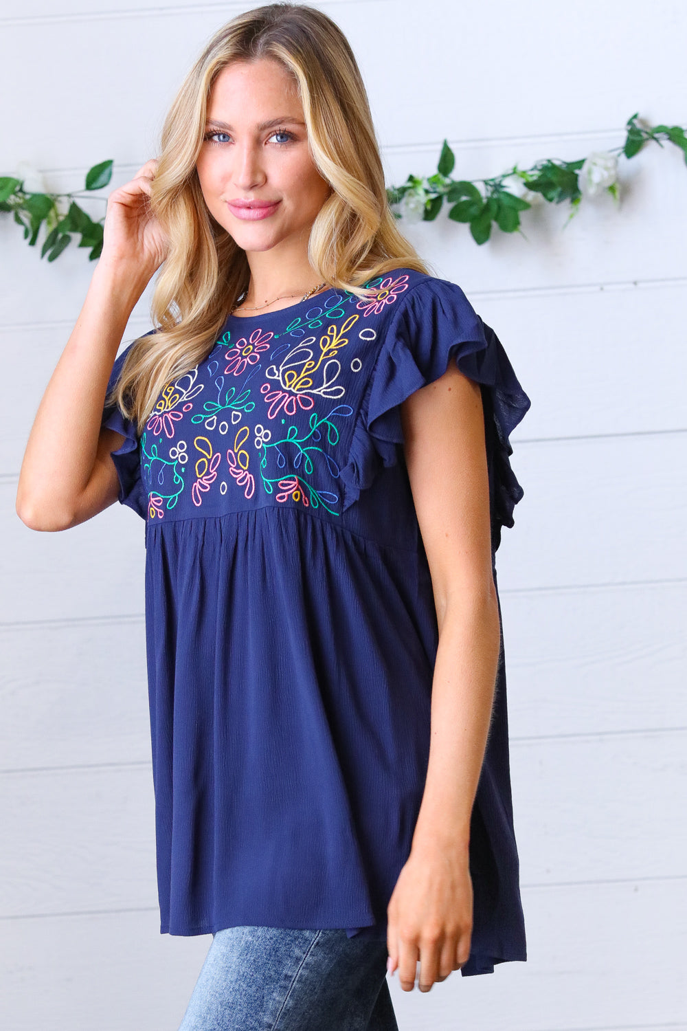 Navy Floral Embroidered Flutter Sleeve Top