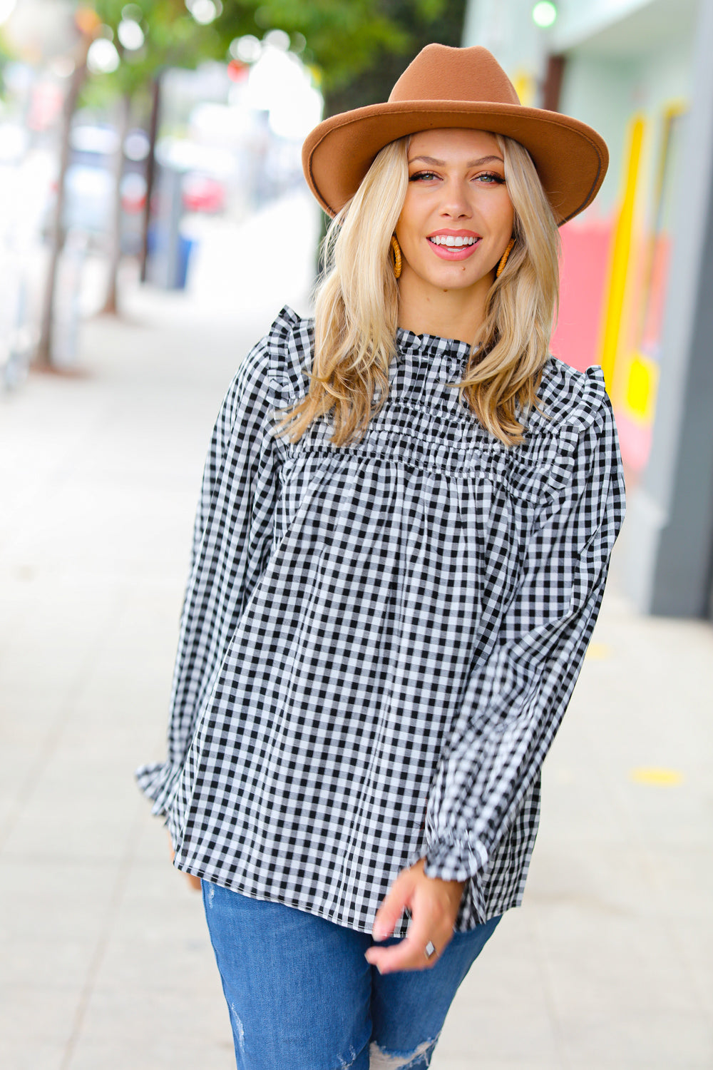 Black Gingham Shirred Yoke Mock Neck Frilled Top