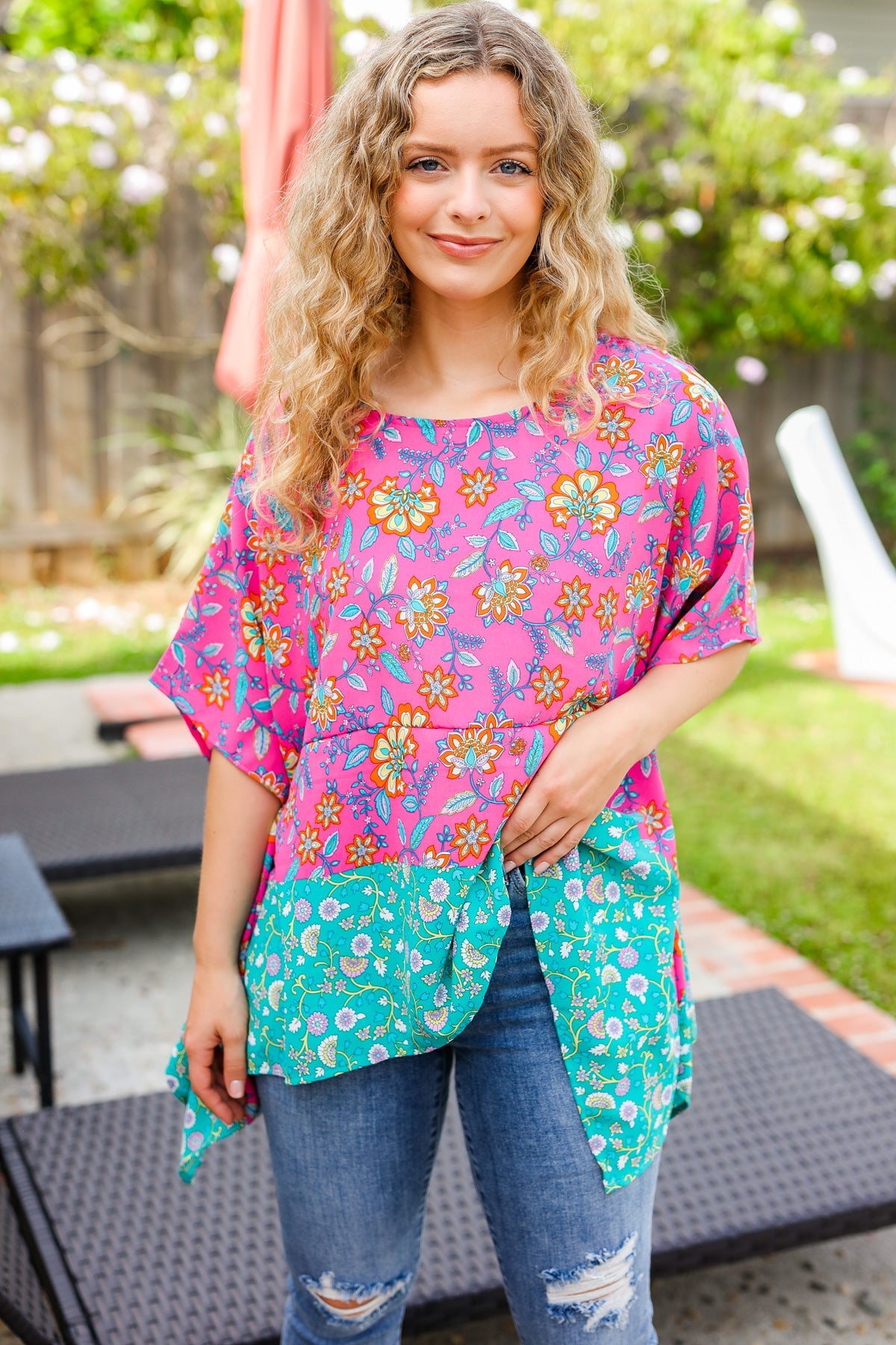 Vacay Ready Fuchsia Paisley Floral Dolman Sleeve Shark Bite Top