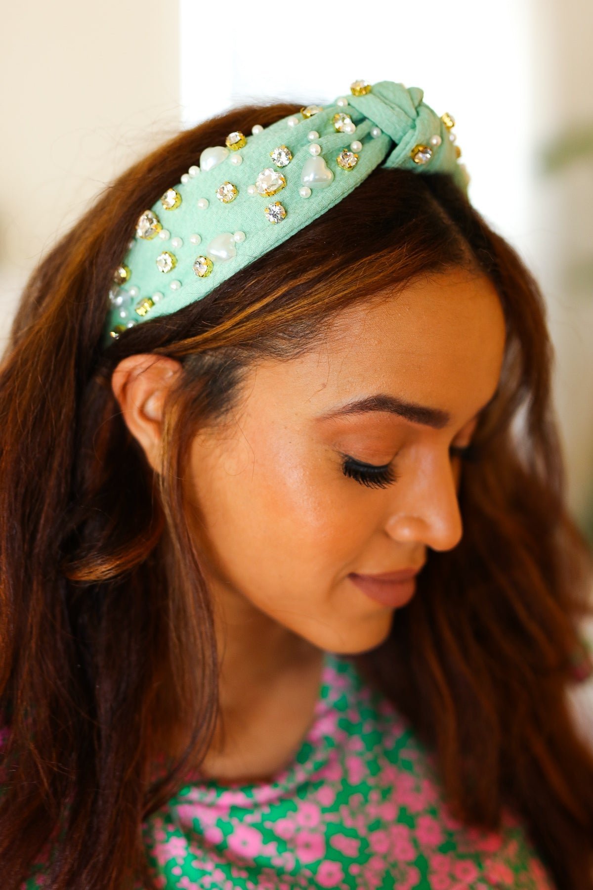 Mint Heart Pearl & Jewel Knot Knit Headband