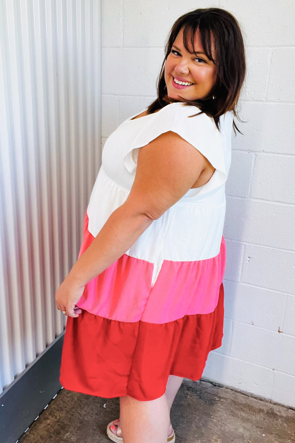 Peach & Cherry Red Tiered Frill Sleeve Midi Dress