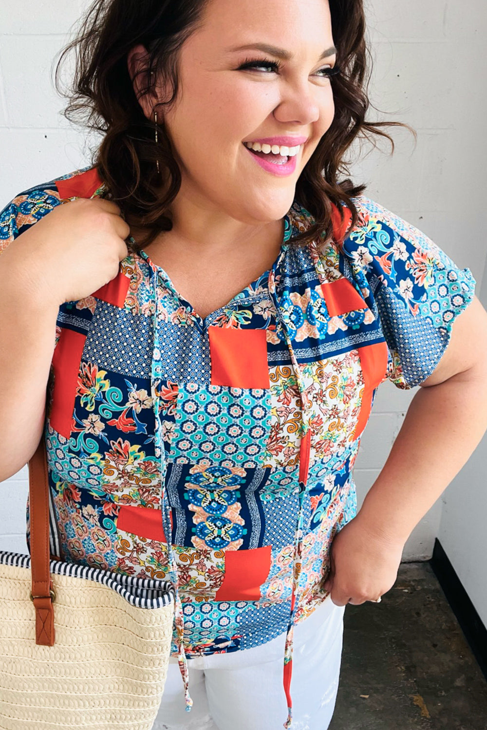 Blue & Orange Boho Patchwork Raglan Top