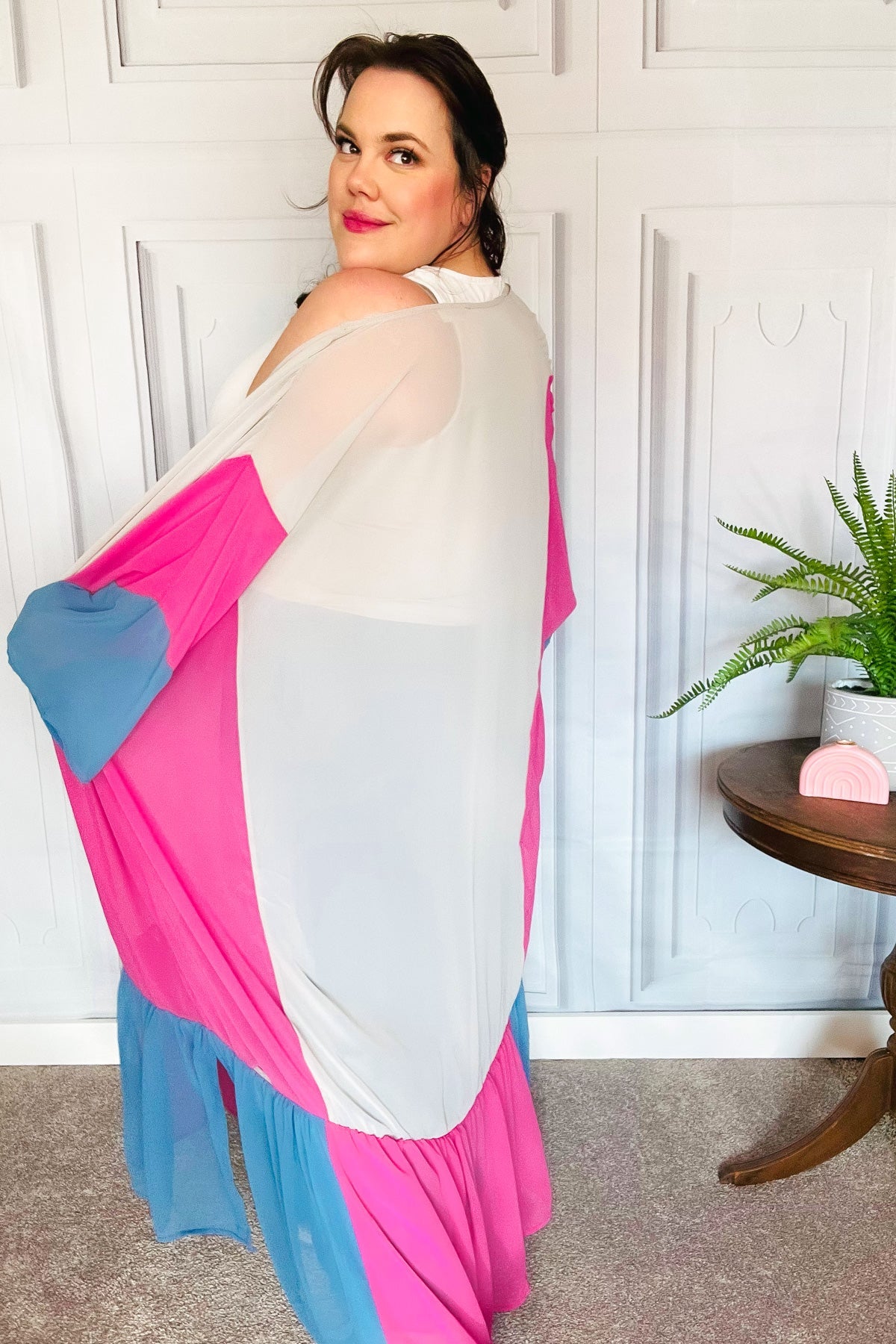 Feel Your Best Taupe & Fuchsia Color Block Ruffle Hem Kimono