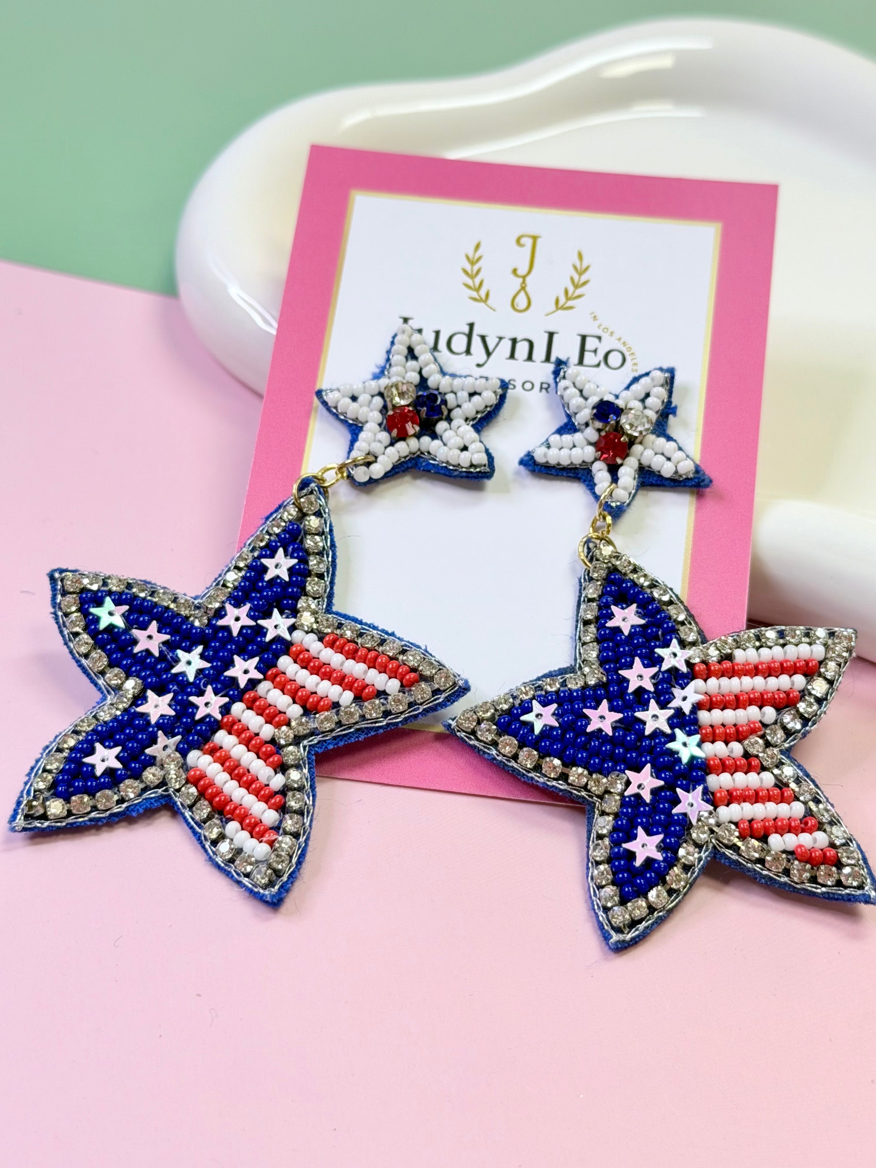 USA Flag Beaded Dangle Earrings July 4th