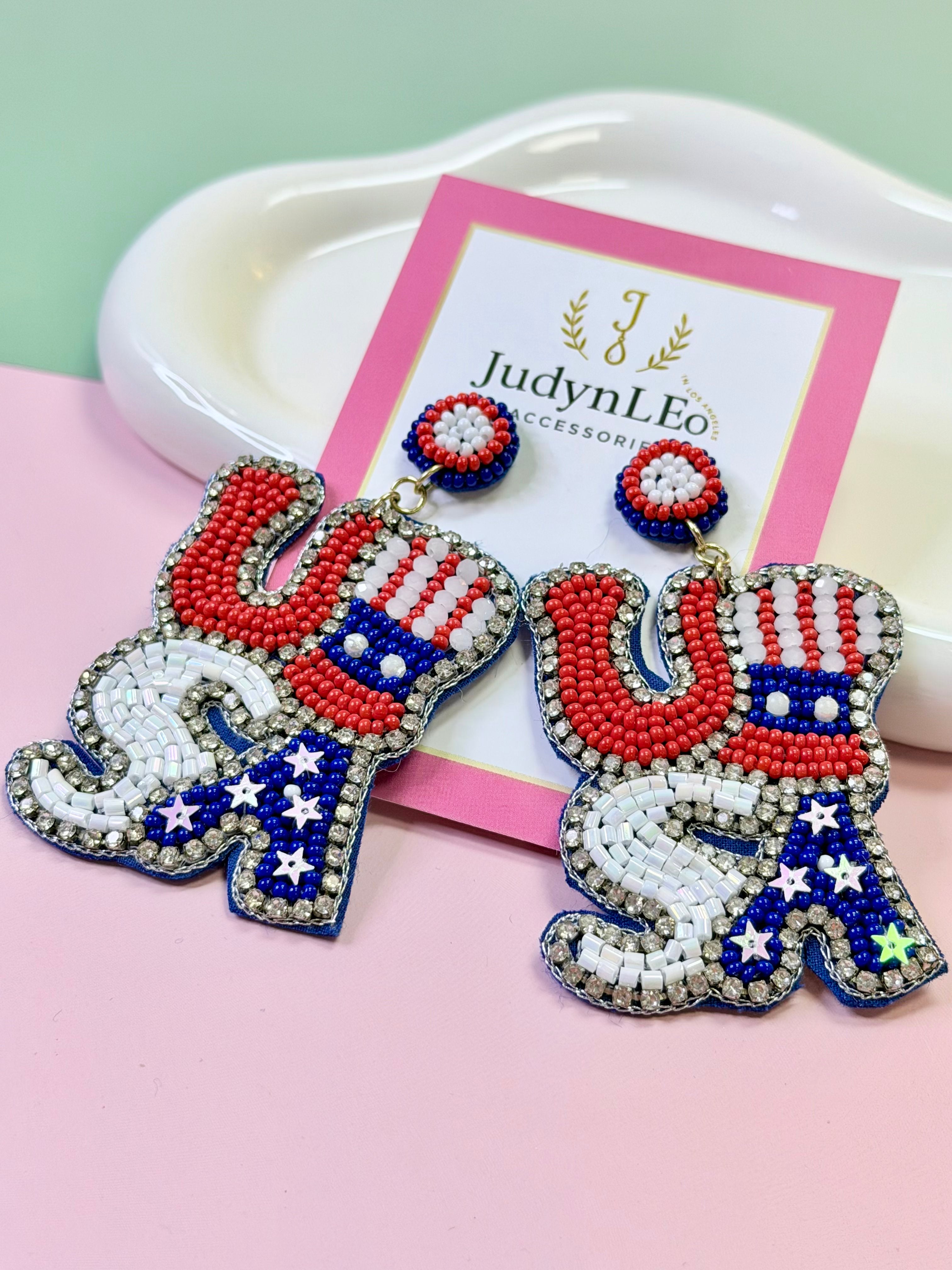 USA Flag Beaded Dangle Earrings July 4th