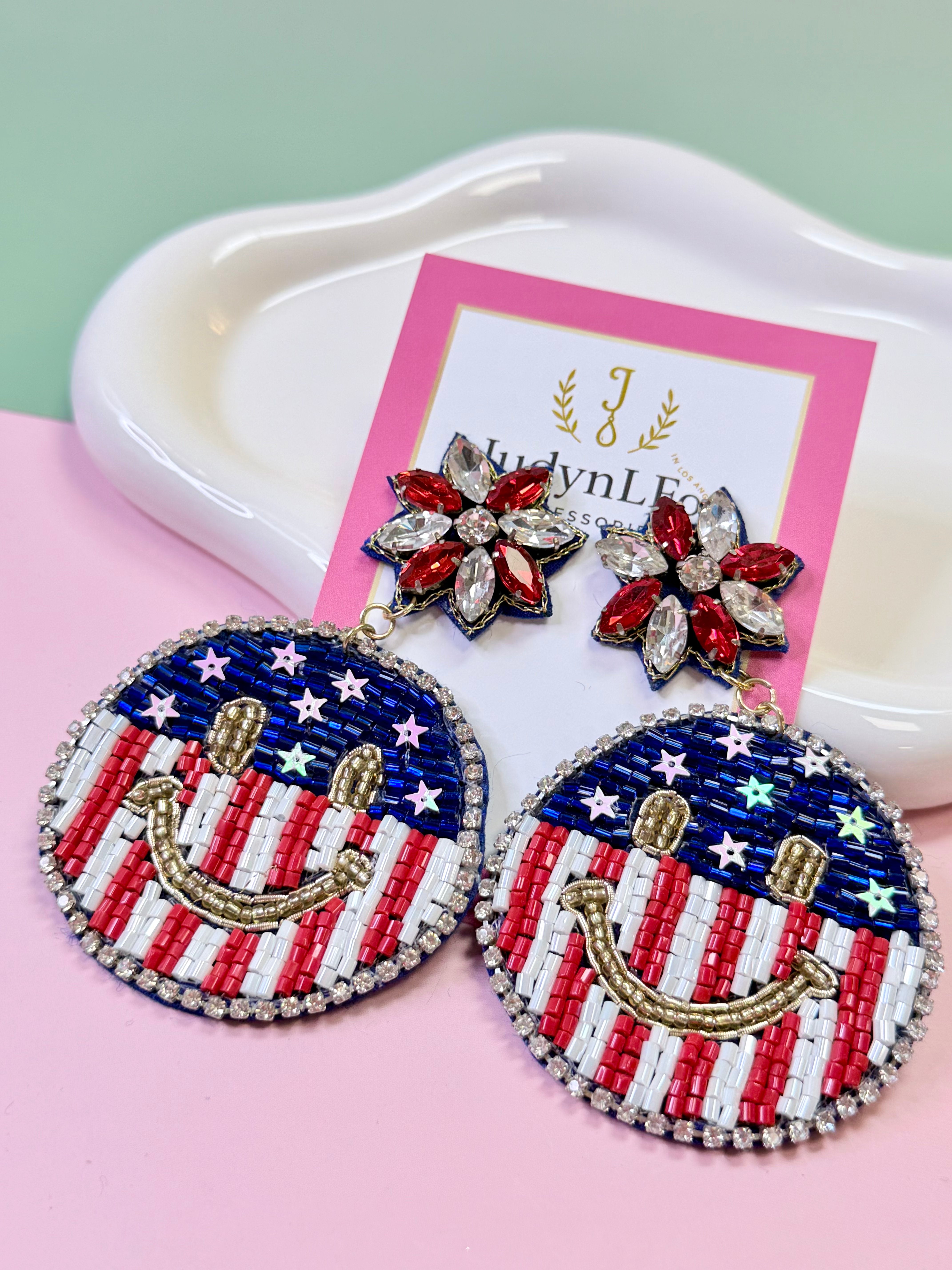USA Flag Beaded Dangle Earrings July 4th