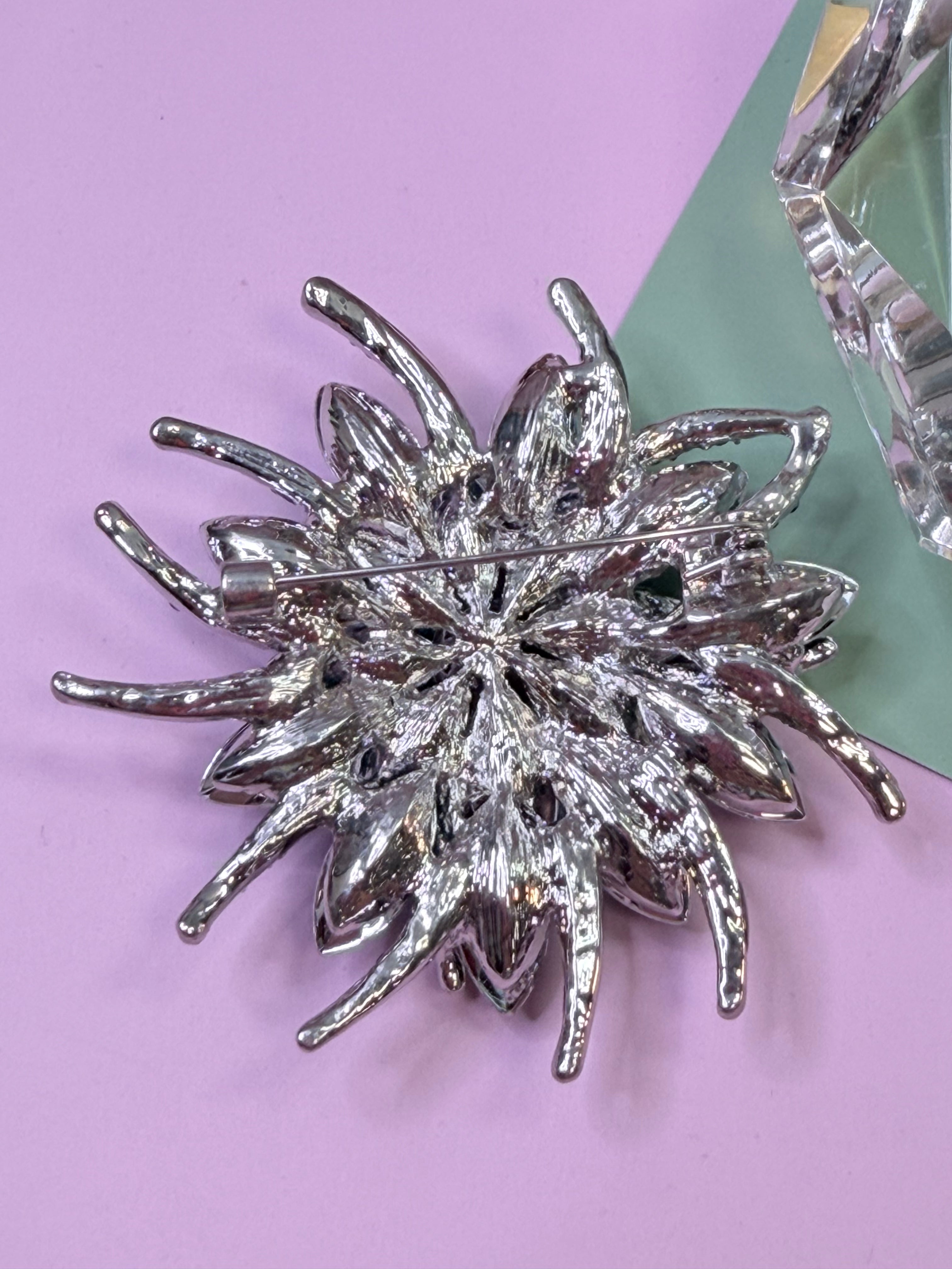 Teal Crystal Flower Brooch Pin