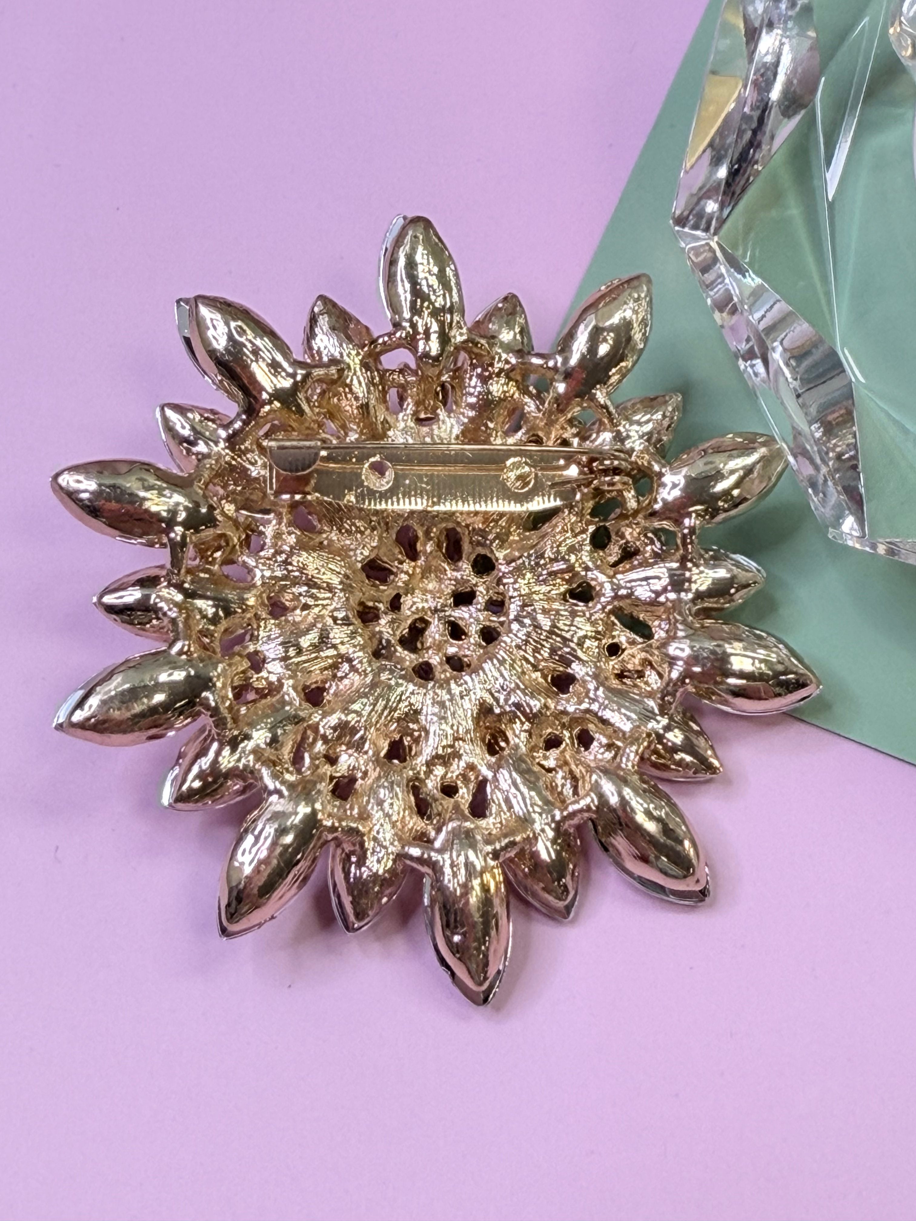 Gold Crystal Flower Brooch Pin