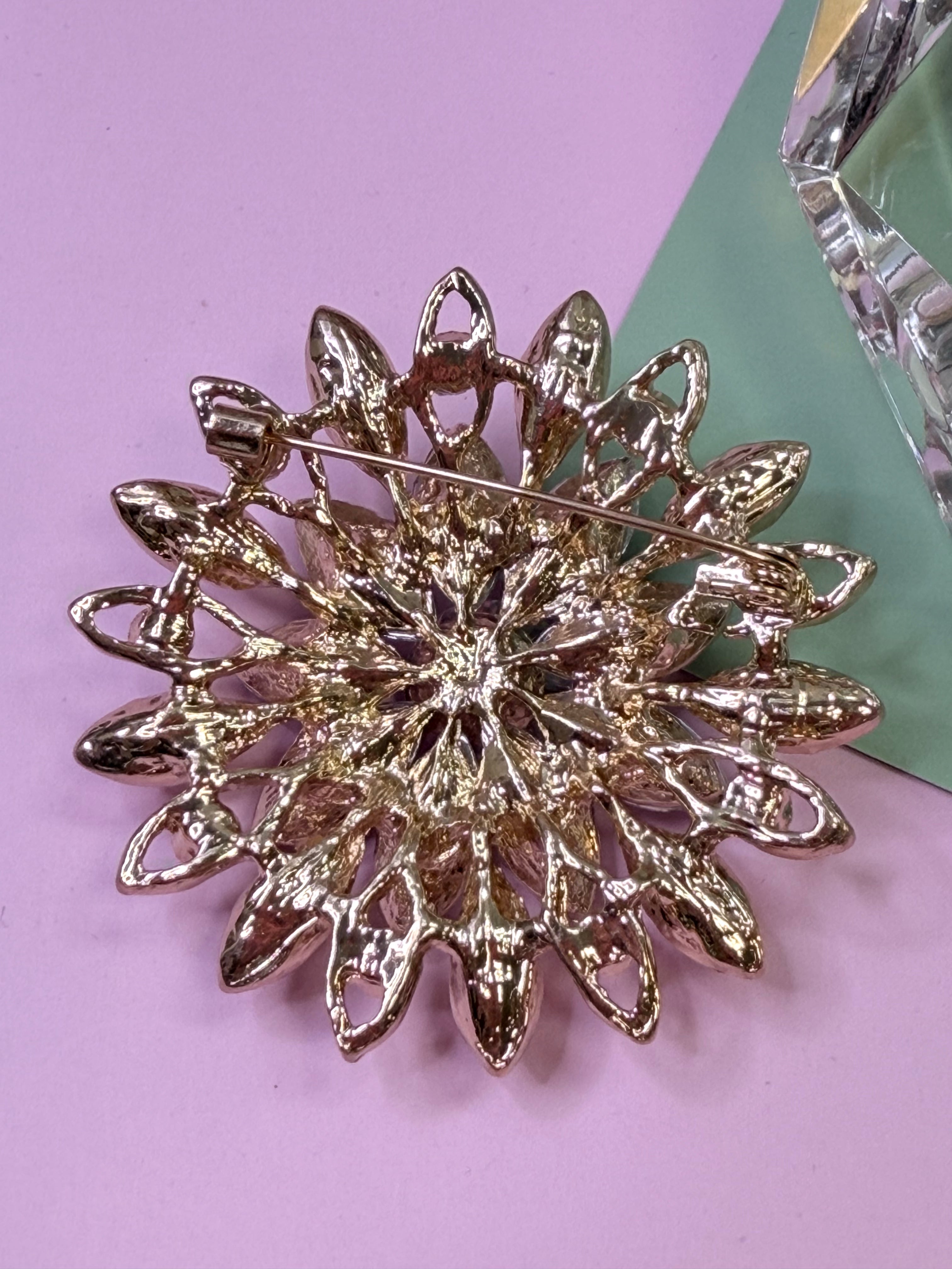 Vintage Iridescent Crystal Flower Brooch – Gold Tone