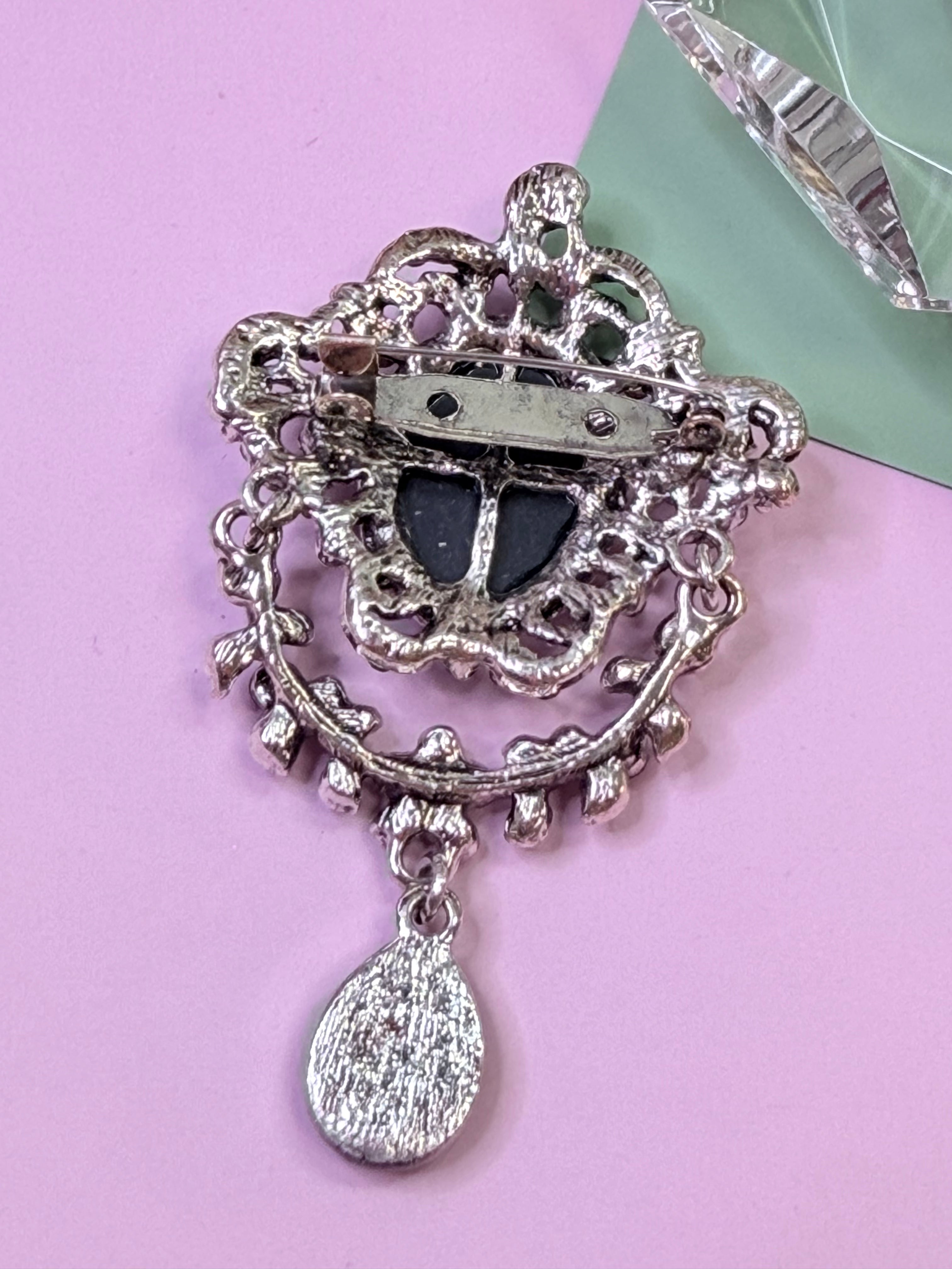 Black Cameo Crystal Drop Brooch