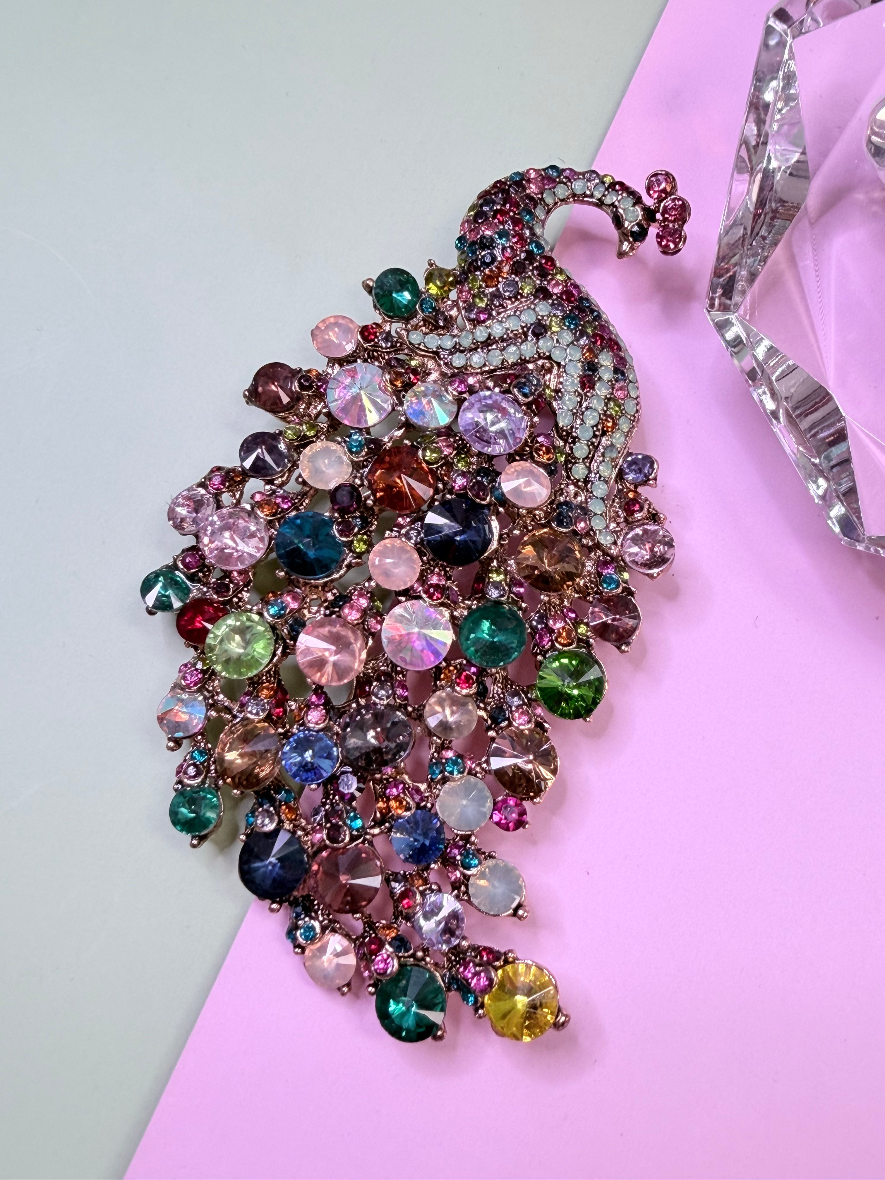 Statement Multicolor Rhinestone Peacock Brooch Pin