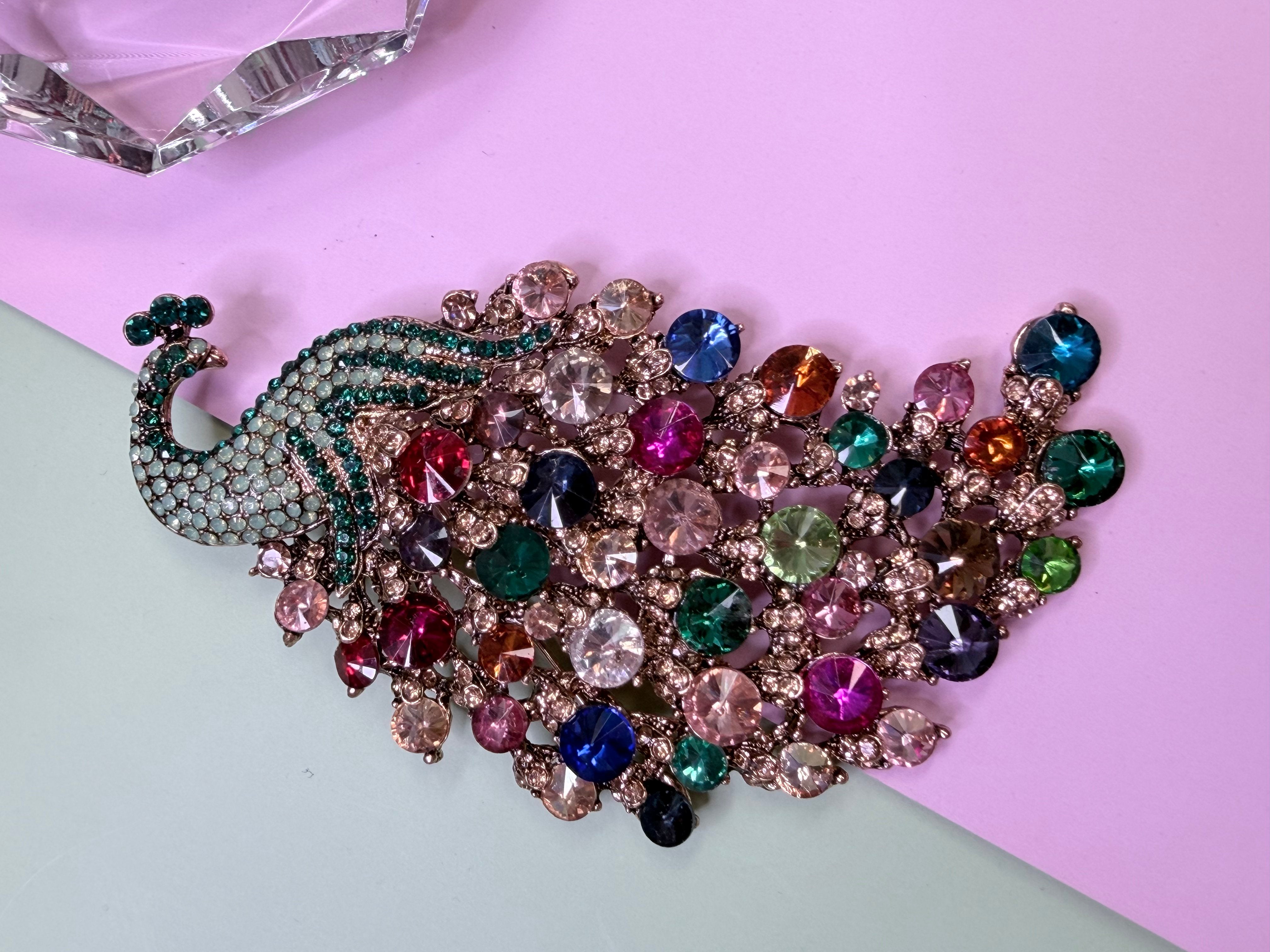 Statement Multicolor Rhinestone Peacock Brooch Pin