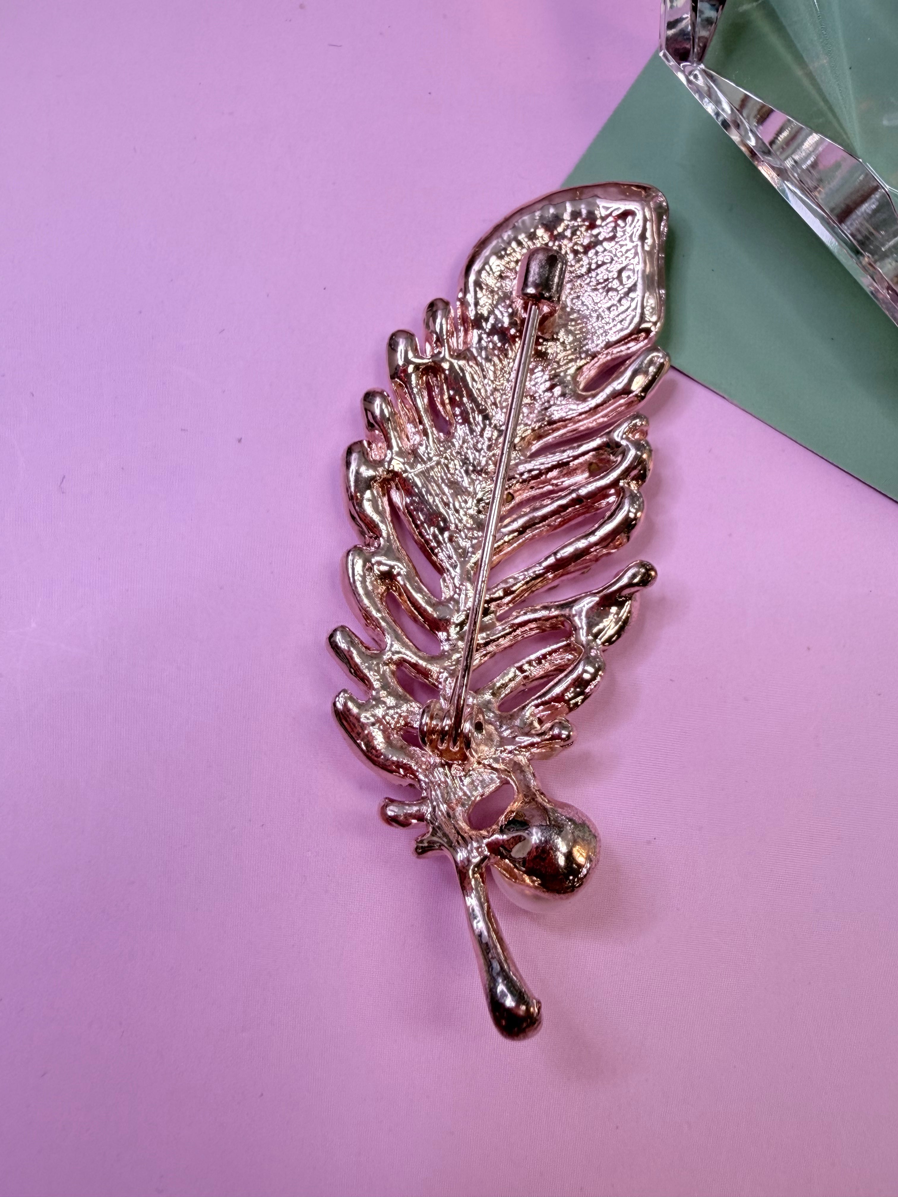 Crystal Feather Pearl Brooch