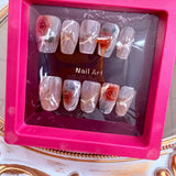 Handmade Press-On Nails (Short Coffin)– Rose Veil Marble Nails