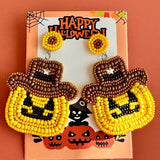Handmade Halloween Seed Bead Earrings: Cowboy Ghost Pumpkin Dangle