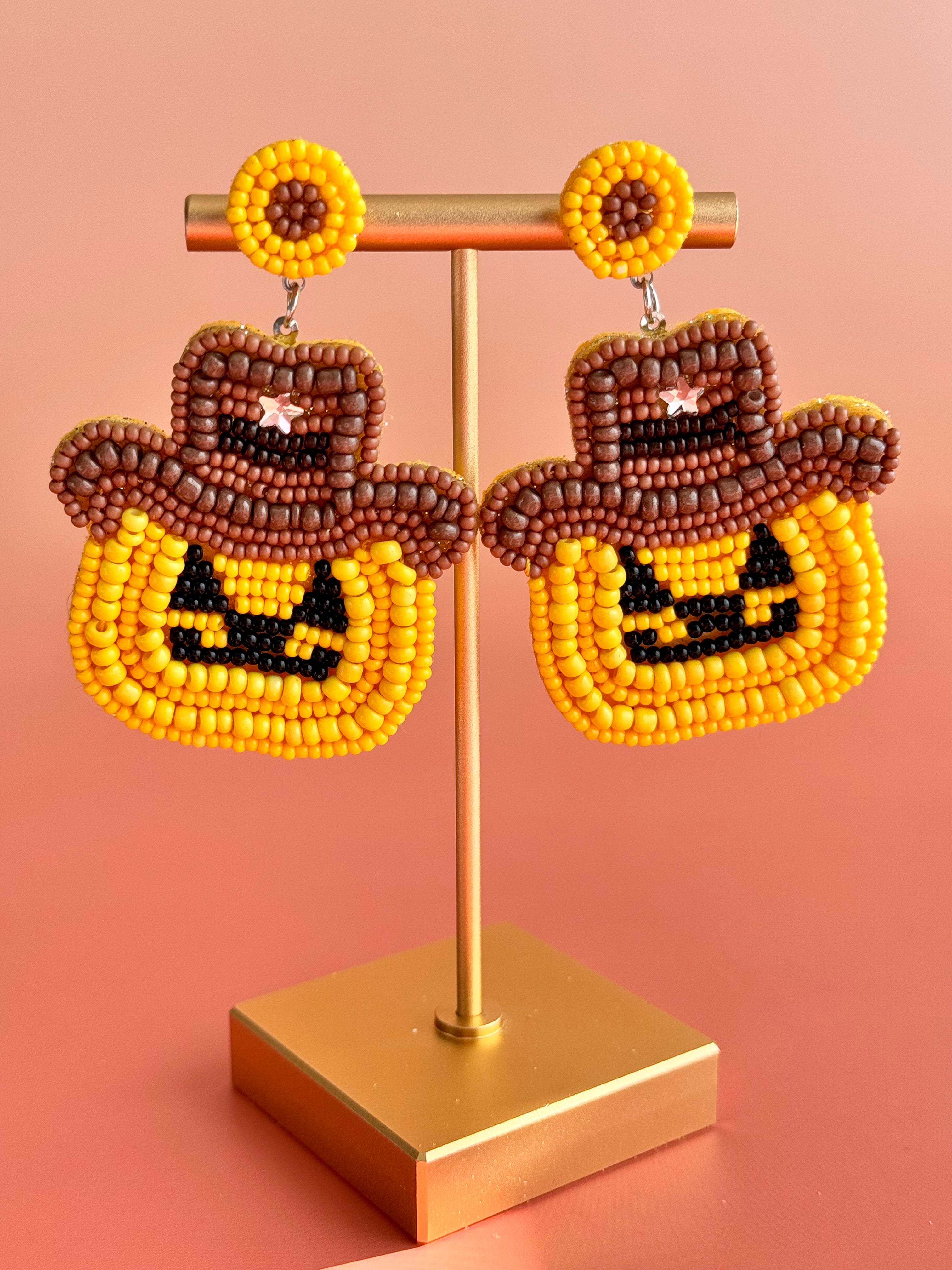 Handmade Halloween Seed Bead Earrings: Cowboy Ghost Pumpkin Dangle