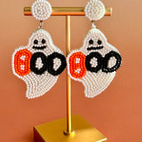 Handmade Halloween Ghost Earrings: Boho Seed Bead Dangle