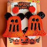Handmade Halloween Ghost Earrings: Boho Beaded Mickey Mouse
