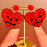 Handmade Halloween Beaded Earrings: Boho Heart Pumpkin Dangle