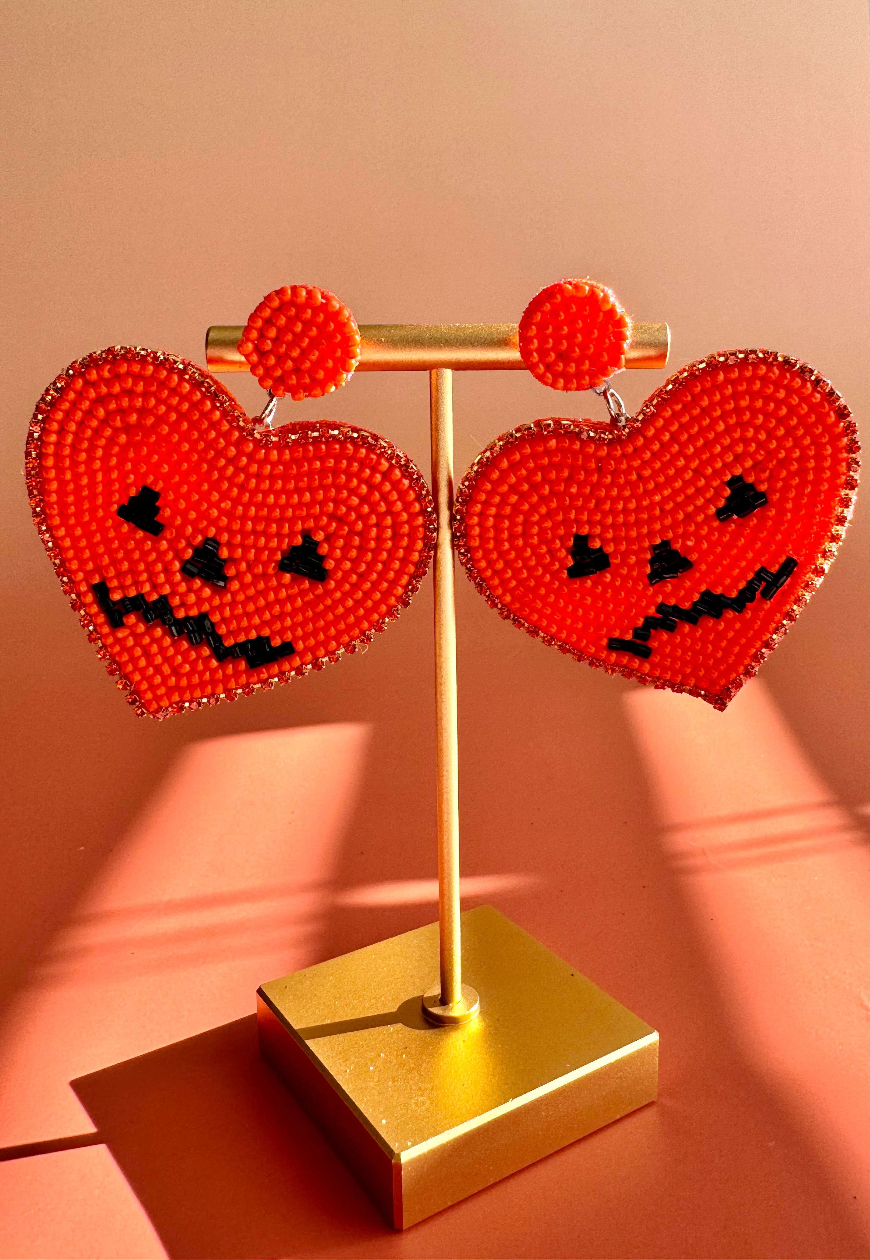 Handmade Halloween Beaded Earrings: Boho Heart Pumpkin Dangle