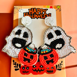 Handmade Halloween Ghost & Pumpkin Seed Bead Earrings