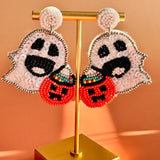 Handmade Halloween Ghost & Pumpkin Seed Bead Earrings