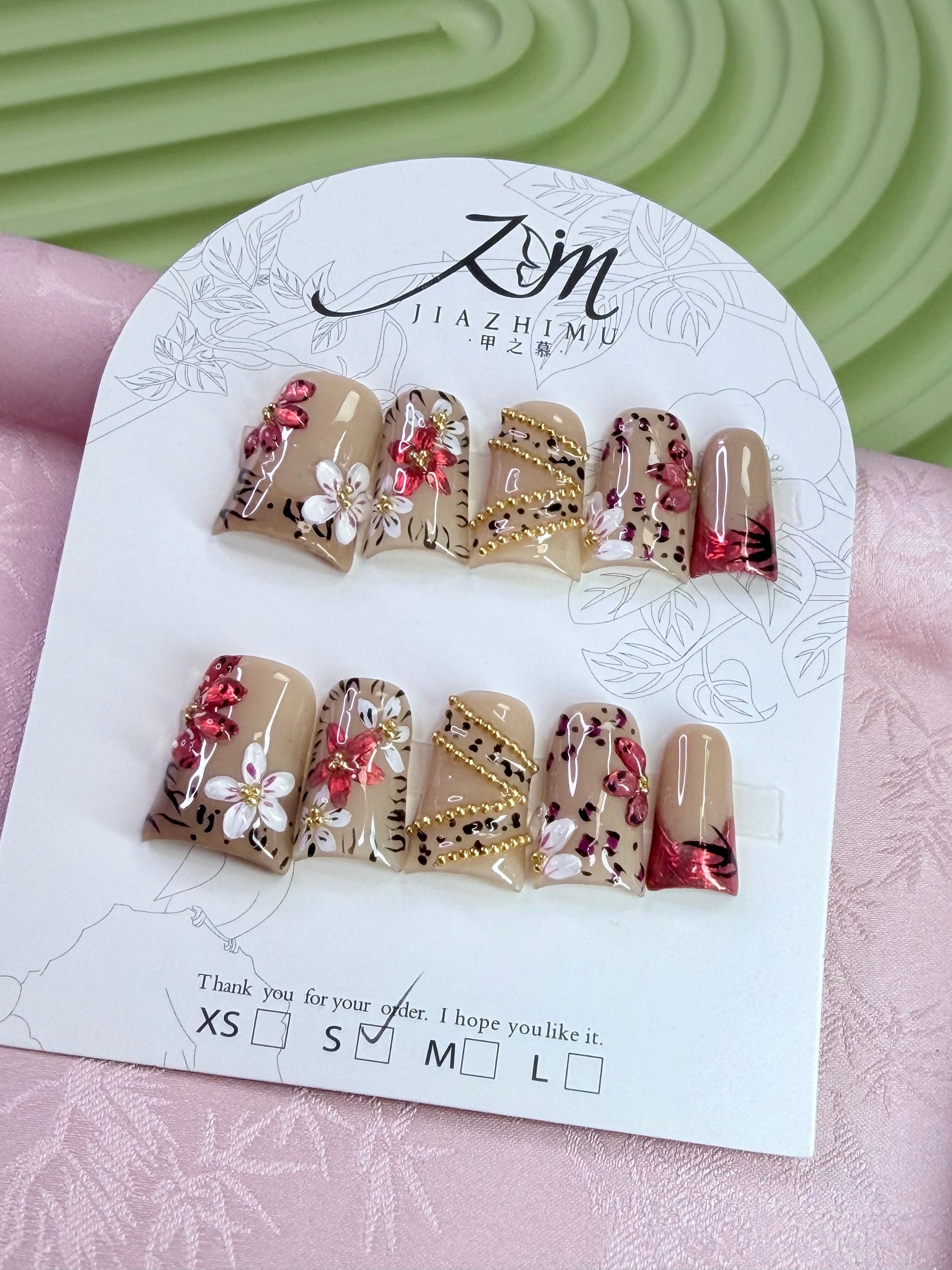 JIA ZHI MU Handmade Premium Duck Press-On Nails – Pink Floral Garden