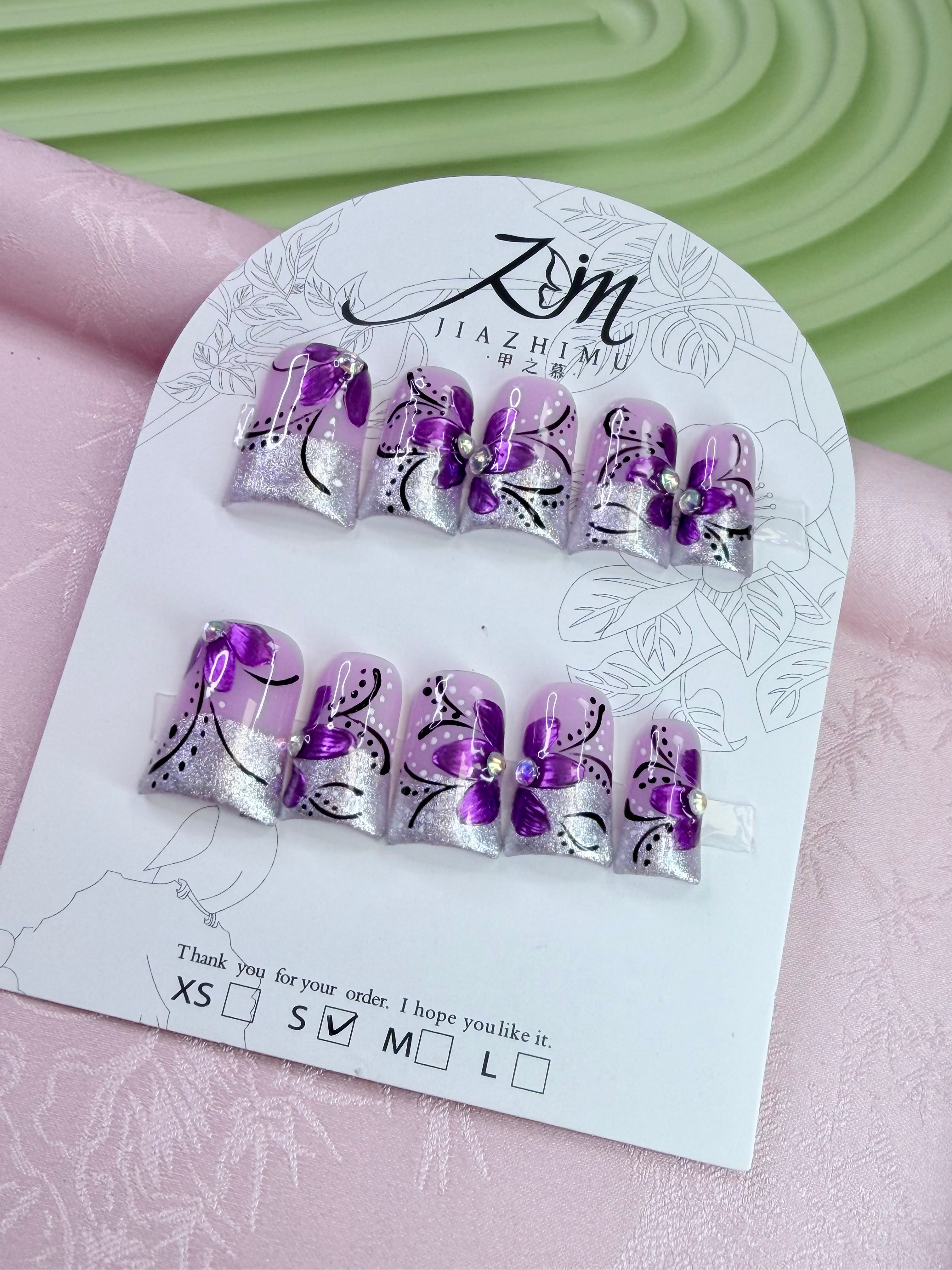 JIA ZHI MU Handmade Premium Duck Press-On Nails – Purple Butterfly Silver Dream