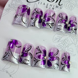 JIA ZHI MU Handmade Premium Duck Press-On Nails – Purple Butterfly Silver Dream