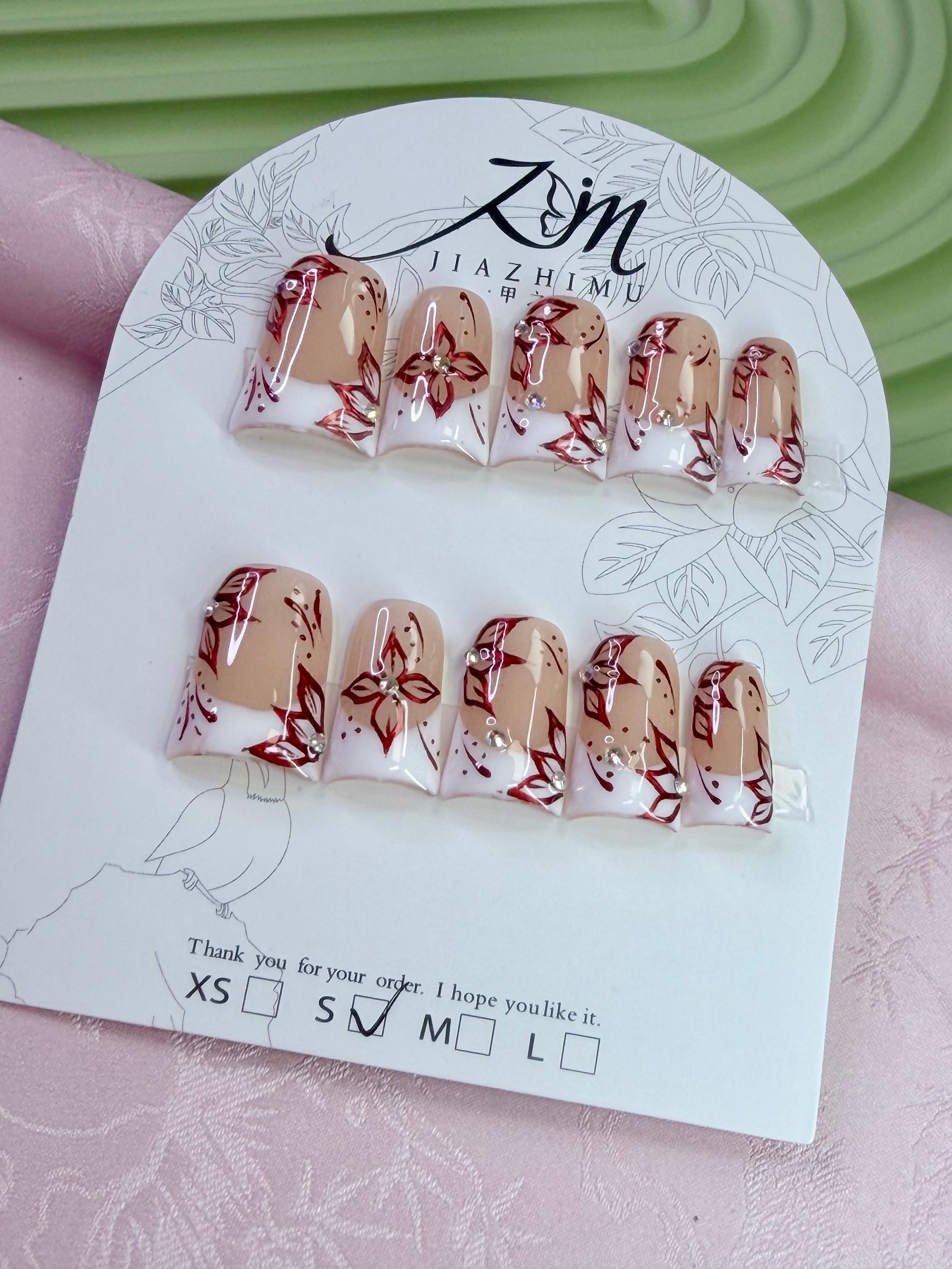 JIA ZHI MU Handmade Premium Duck Press-On Nails – Ruby Floral French