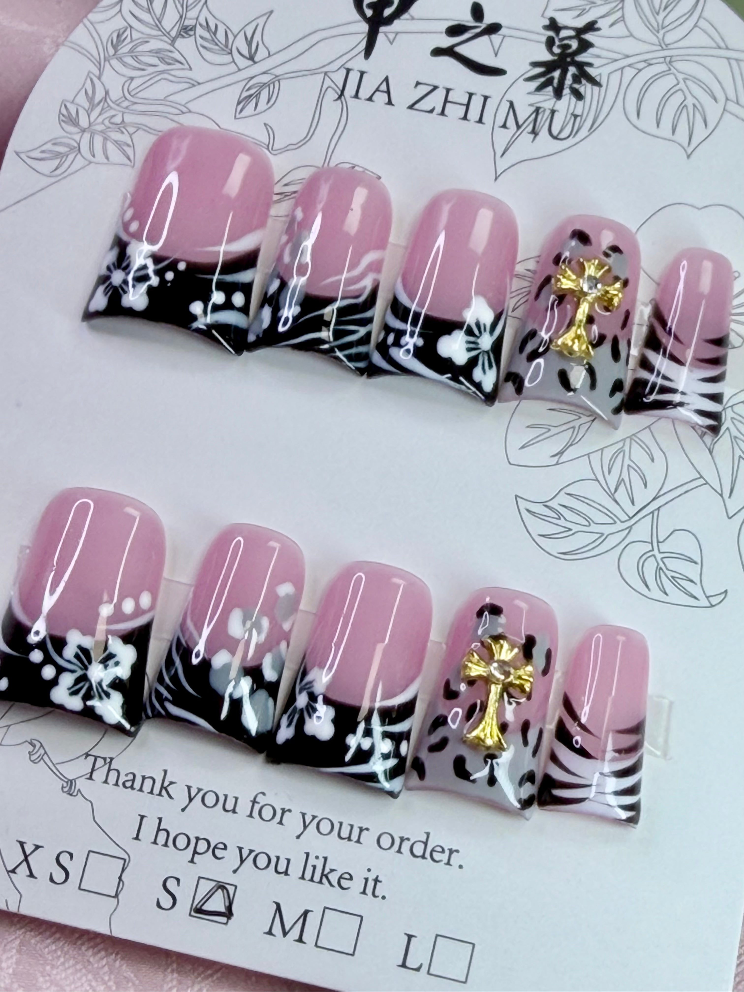 JIA ZHI MU Handmade Premium Duck Press-On Nails – Pink Noir Cross
