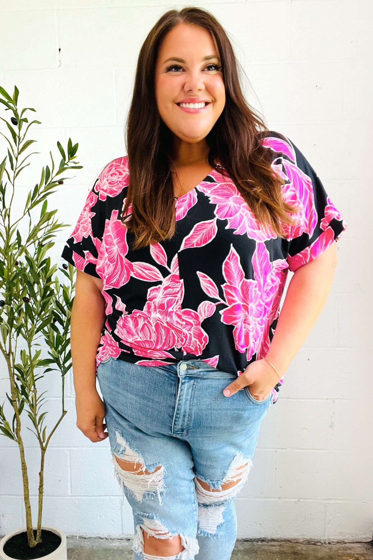 Tropical Vibes Black & Hot Pink Floral V Neck Top