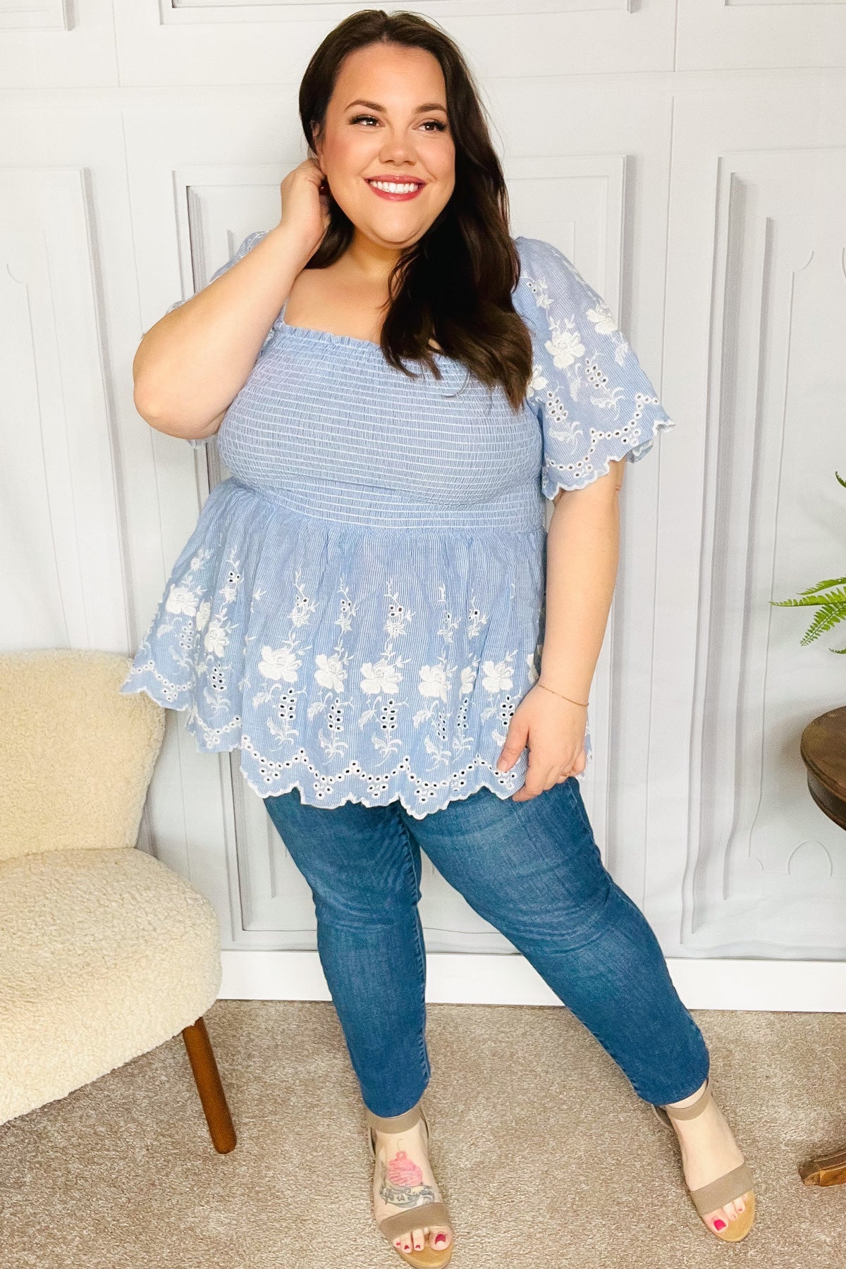 Just A Dream Blue Smocked Floral Embroidered Babydoll Top