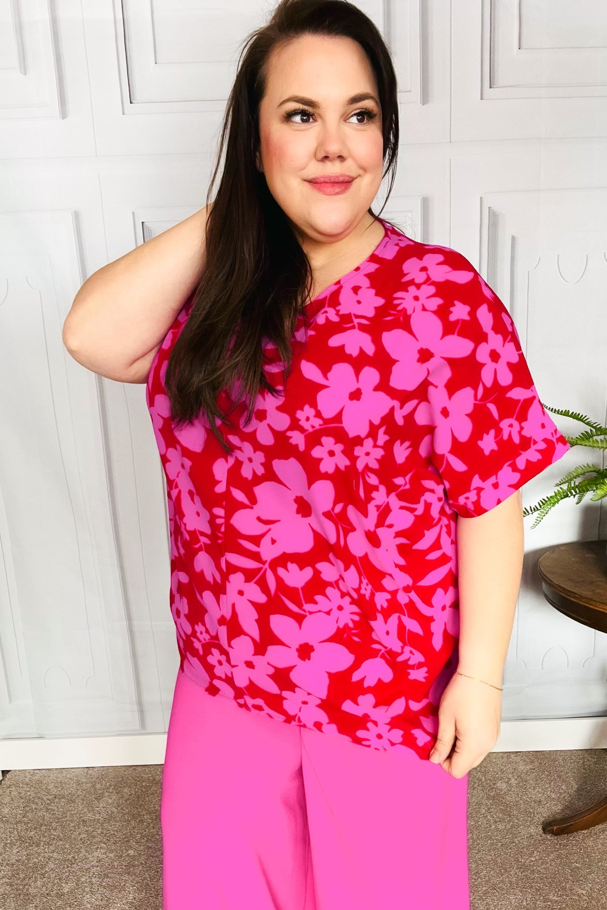 Tropical Trance Magenta Floral V Neck Woven Top