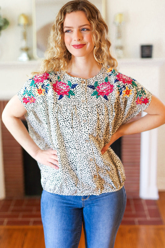 Perfectly Poised Ivory Animal Print Floral Embroidery Button Down Top