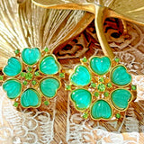 Vintage Gold Plated Resin/Rhinestone Earring Silver Post Green Lucky