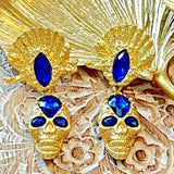 Vintage Gold Plated Rhinestone Skull Dangle Earring Silver Post Blue