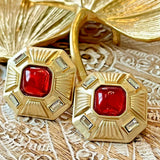 French Gold Plated Resin/Crystal Earring Silver Post Red Square