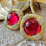 Vintage Gold Plated Resin/Crystal Earring Silver Post Red BAUER