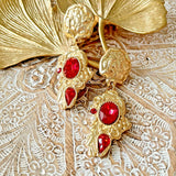 Vintage Gold Plated Resin Drop Earring Silver Post Red