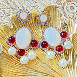 Vintage Gold Plated Resin Dangle Earring Silver Post White/Red